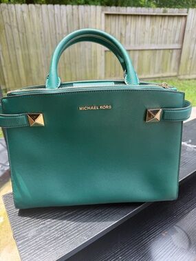 Michael Kors Teal Saffiano Leather Satchel with Gold Hardware